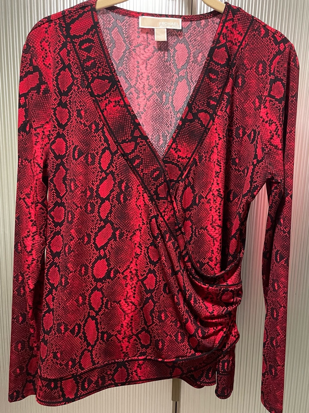 Michael Kors Snakeskin-Print Crossover Border Top, Crimson Red & Black. Size L